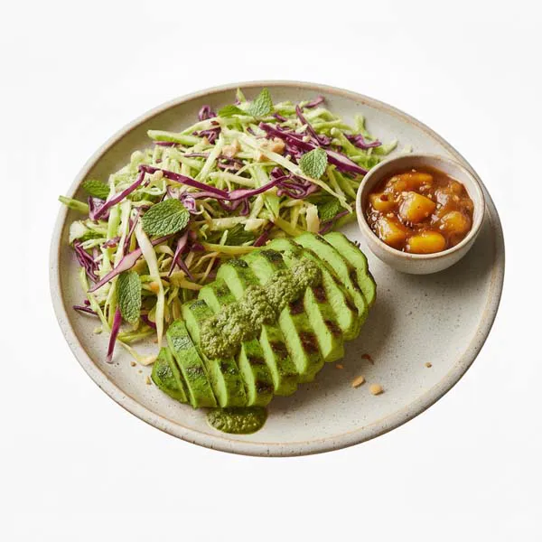 Oven Grilled Cilantro Chicken with Minted Cabbage and Spiced Mango Chutney